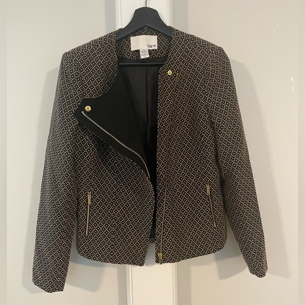 Bar III Collarless Asymmetrical Printed Jacket, Size 6